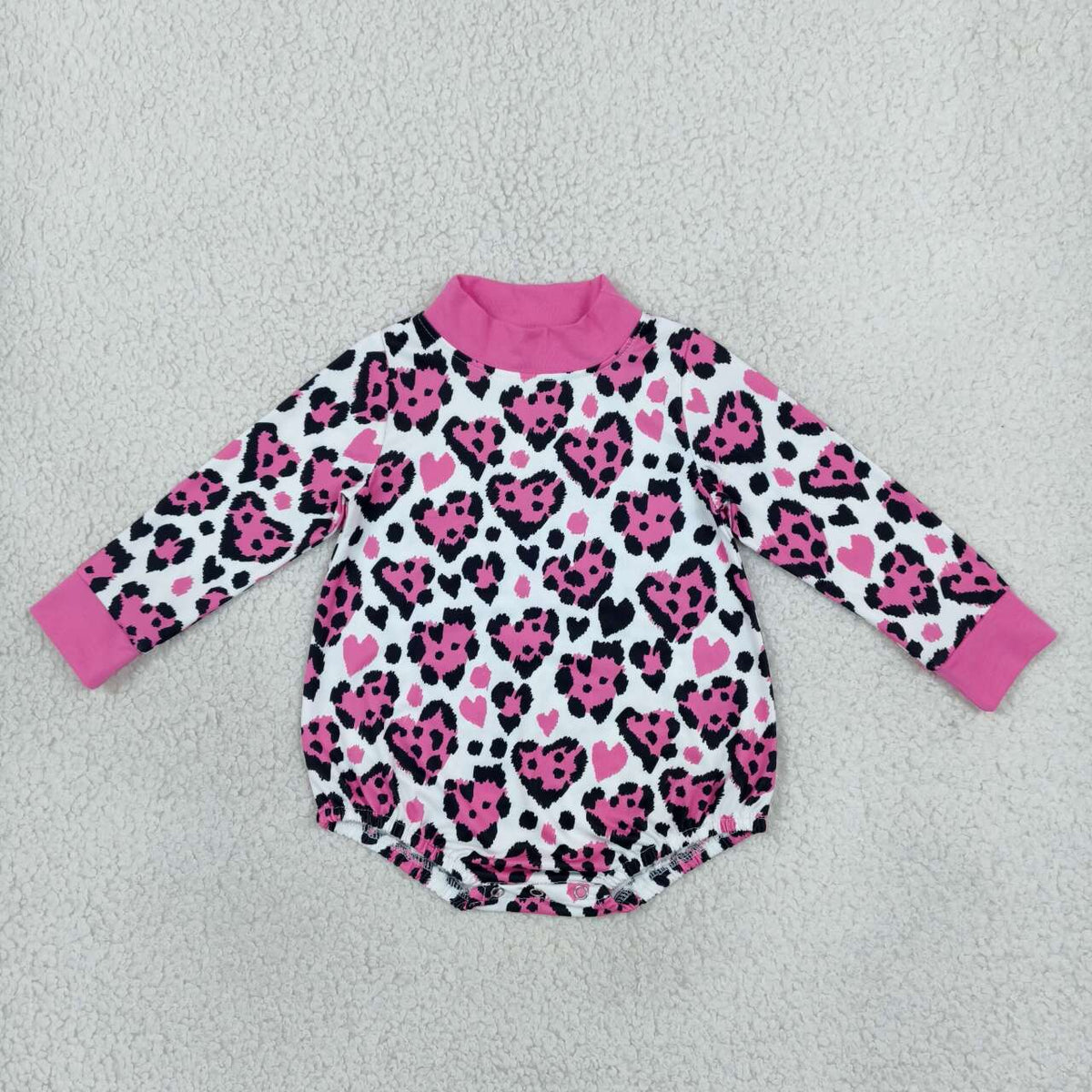 LR3332 Pink Heart Leopard Print Baby Girls Valentine's Day Mock Neck Bubble Romper