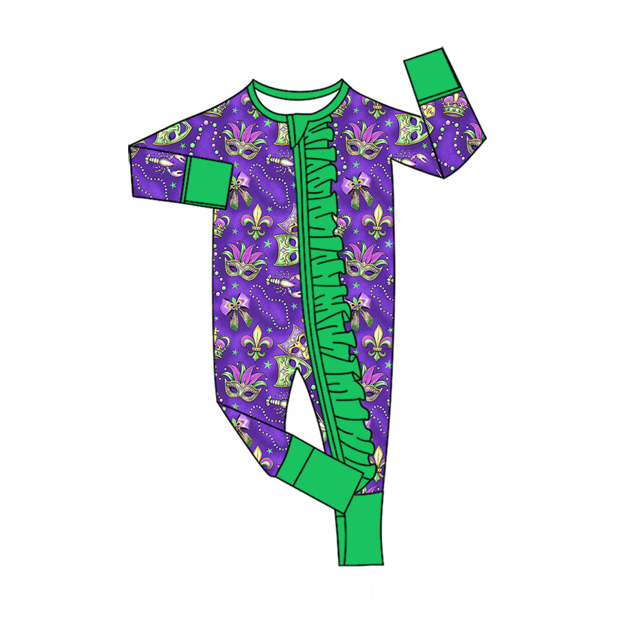 9.10 LR3334 Preorder Mask Bows Crayfish Print Baby Girls Mardi Gras Zipper Sleeper Romper