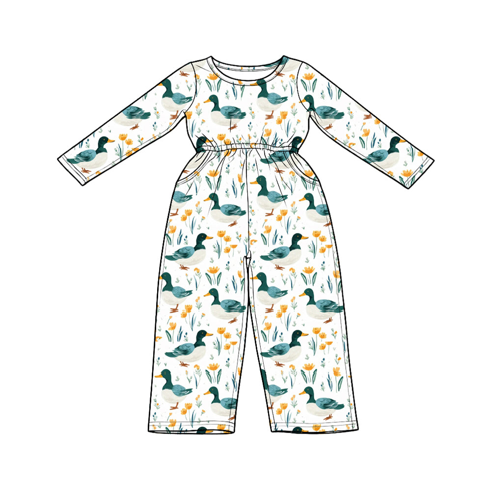 9.15 LR3347 Preorder Duck Flowers Print Pockets Girls Straight Jumpsuits