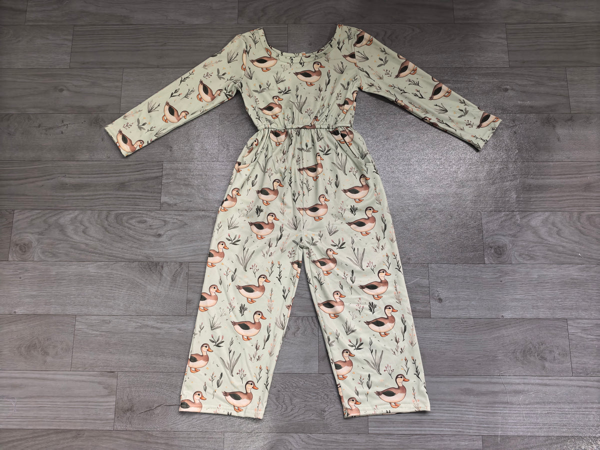 9.15 LR3348 Preorder Duck Print Pockets Girls Straight Jumpsuits