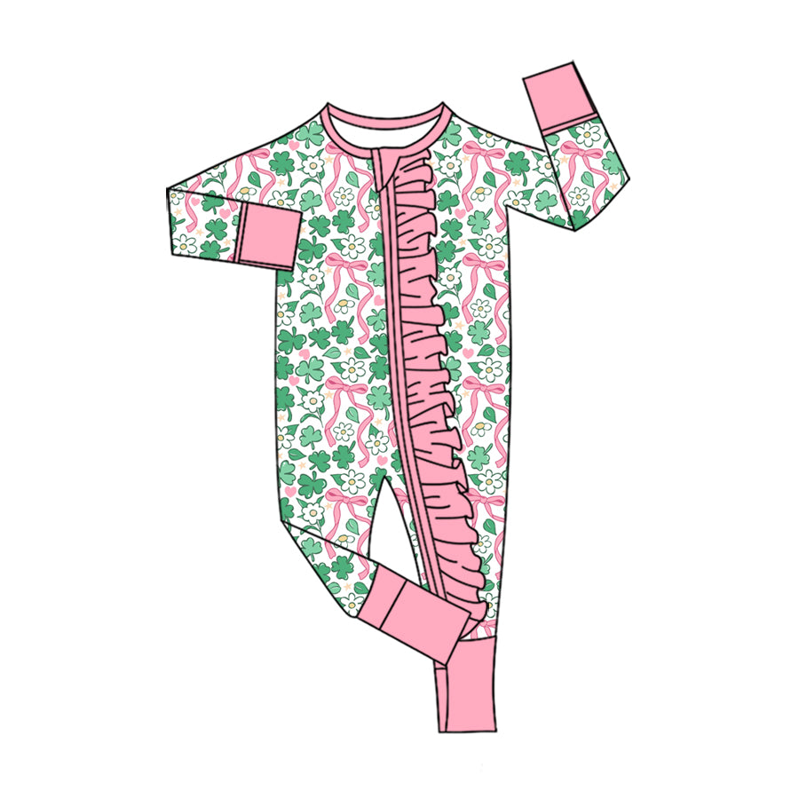 9.15 LR3351 Preorder 3‑leaf Clovers Bows Flowers Print Baby Girls St Patrick Day Zipper Sleeper Romper