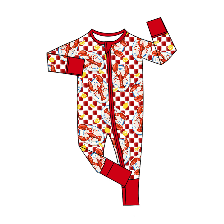 9.18 LR3359 Preorder Baby Boys Crawfish Red Checked Long Sleeve Zipper Romper