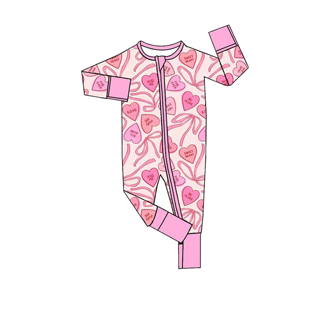 9.21 LR3362 Preorder LOVE YOU Heat Bows Print Baby Girls Valentine's Day Zipper Sleeve Romper