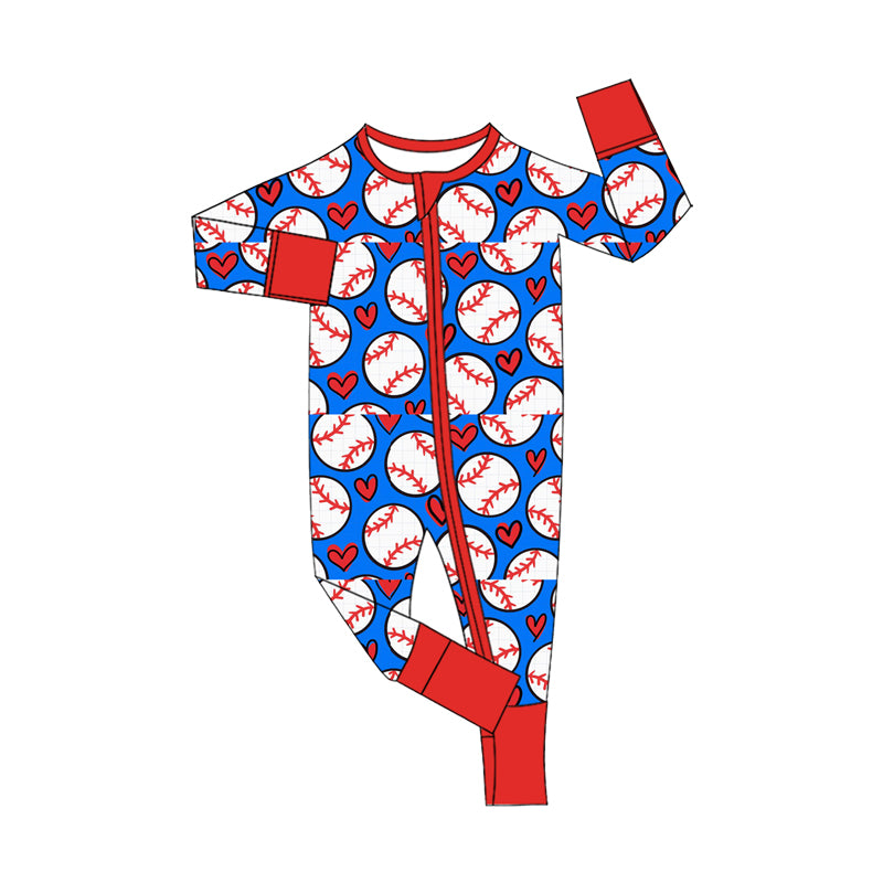 9.25 LR3370 Preorder Baseball Blue Print Baby Boys Zipper Sleeve Romper