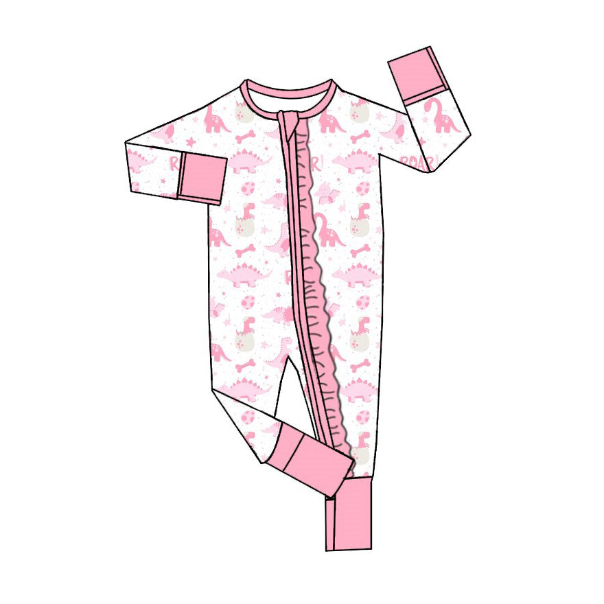 9.29 LR3373 Preorder Dino Eggs Pink Print Baby Girls Easter Zipper Sleeve Romper