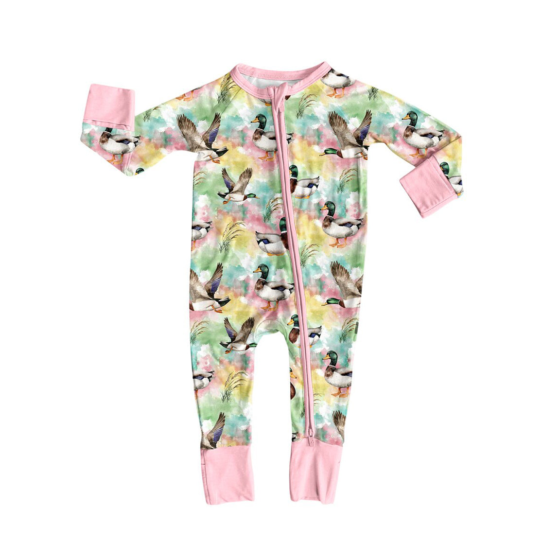 9.30 LR3378 Preorder Baby Girls Mallard Duck Zipper Sleeve Romper