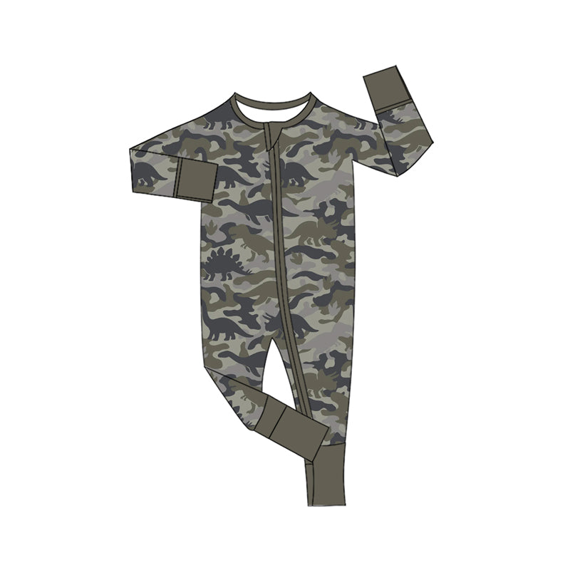 9.30 LR3379 Preorder Baby Boys Camo Dinosaur Zipper Sleeve Romper