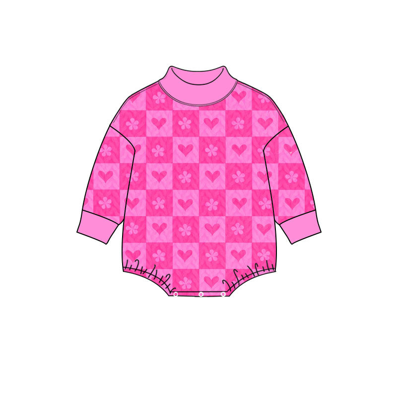 10.17 Preorder LR3399 Baby Girls Pink Checkerboard Heart Long Sleeve Romper