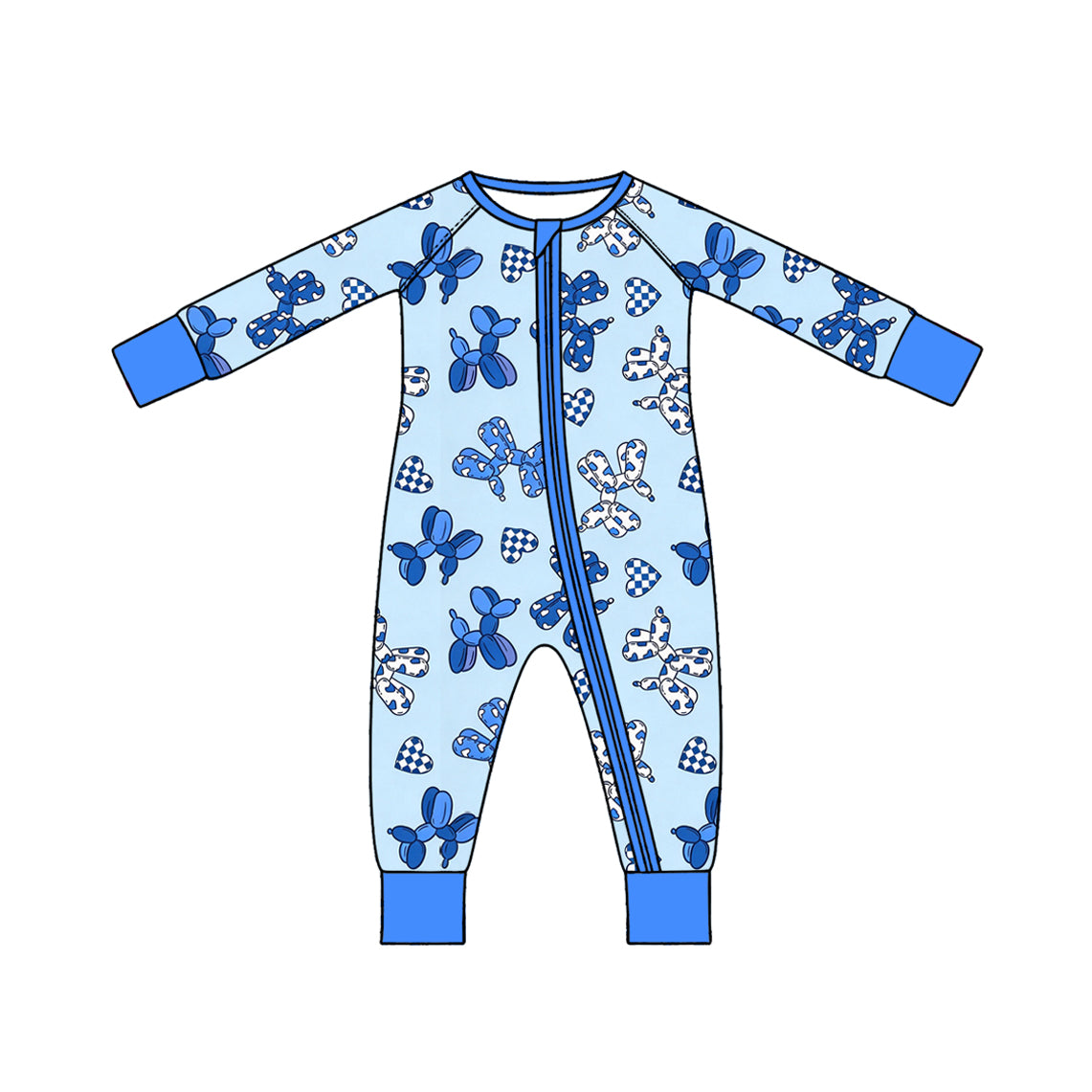 10.17 LR3405 Preorder Blue Balloon Bows Heart Print Baby Boys Valentine's Day Zipper Sleeper Romper