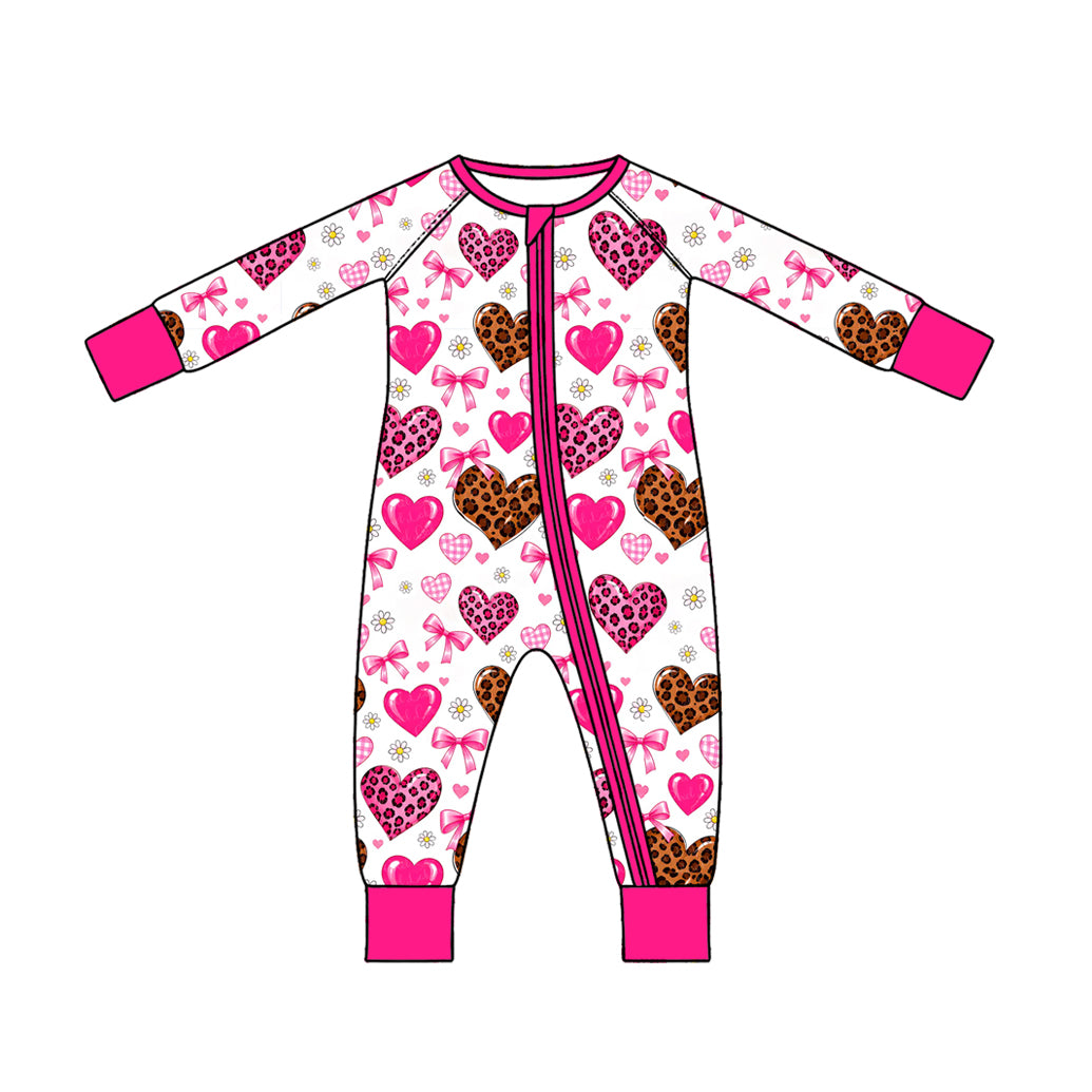 10.17 LR3407 Preorder Leopard Hearts Bows Flowers Print Baby Girls Valentine's Day Zipper Sleeper Romper
