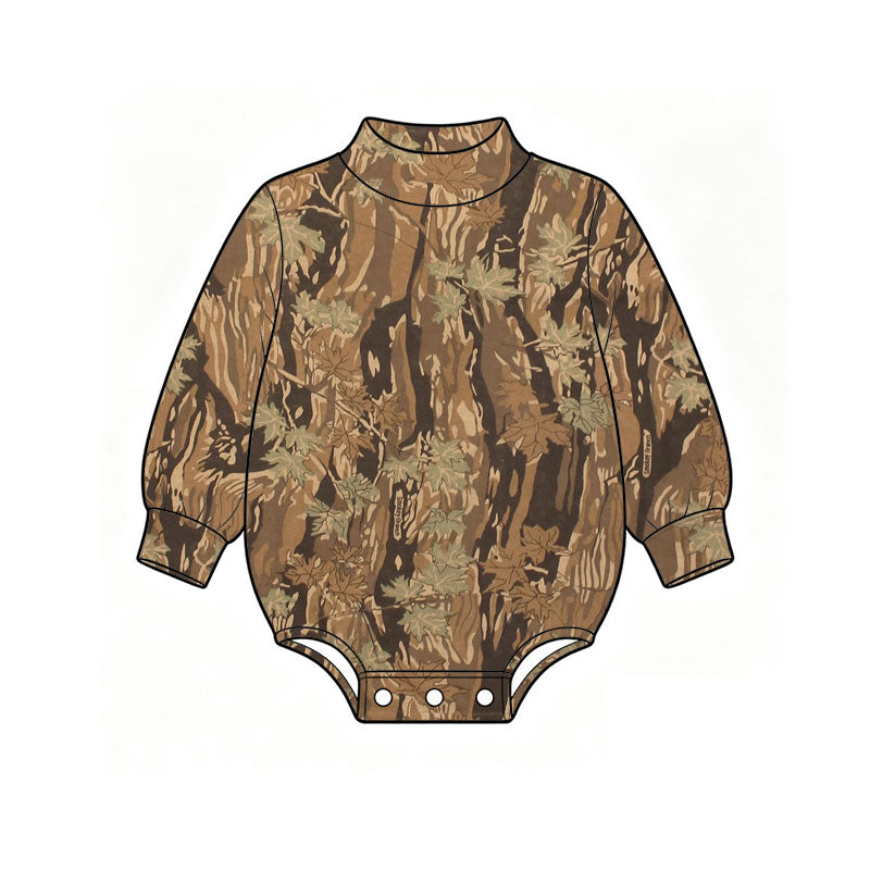 10.23 LR3414 Preorder Tree Leaf Brown Camo Print Baby Mock Neck Long Sleeve Romper