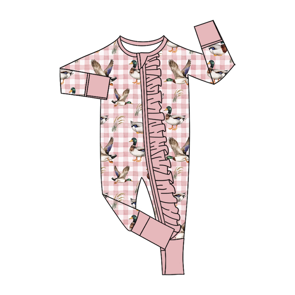 10.23 LR3418 Preorder Pink Gingham Mallard Duck Long Sleeve Zipper Romper