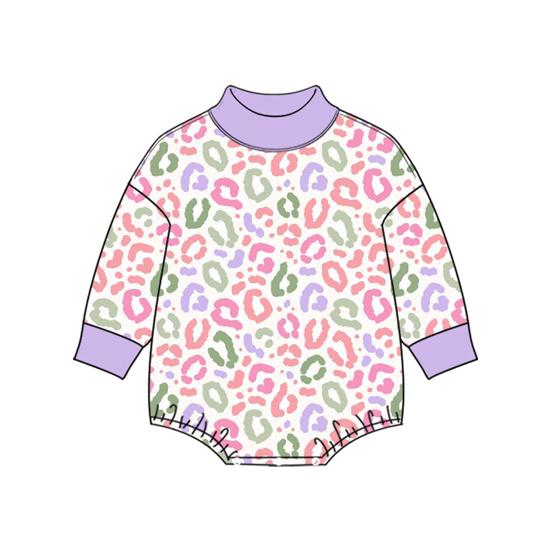 10.27 LR3429 Preorder Baby Girls Violet Leopard Mock Neck Long Sleeve Romper
