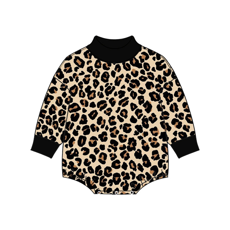 10.27 LR3432 Preorder Baby Girls Black Leopard Mock Neck Long Sleeve Romper