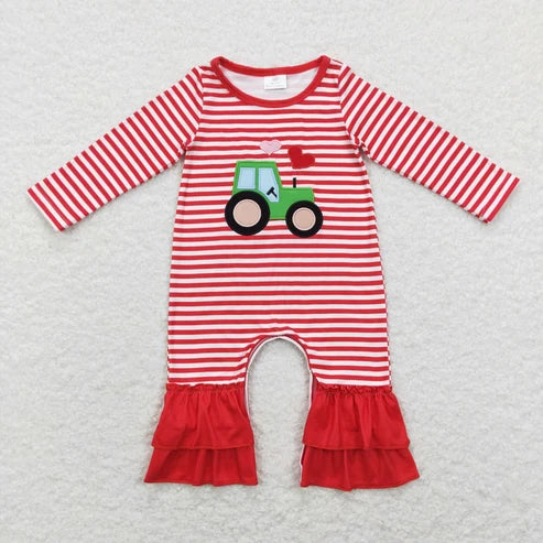 Sibling Baby Girls Boys Valentine Tractor Heart Striped Pajama Set Romper
