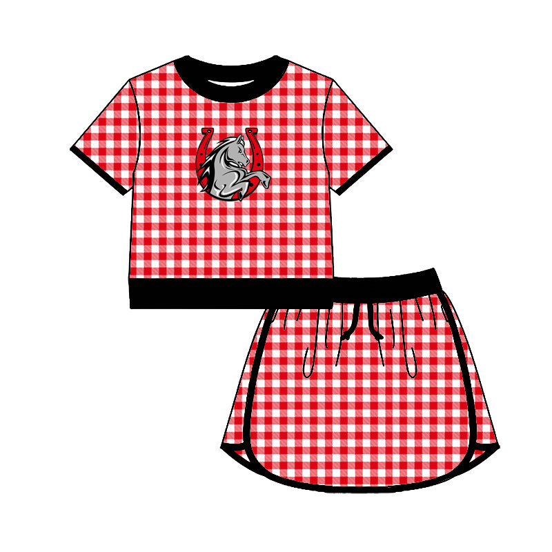(Custom Design Preorder MOQ 5) Teams Lake Belton Broncos Top Red Checkerd Skort Girls Summer Yoga Clothes Set