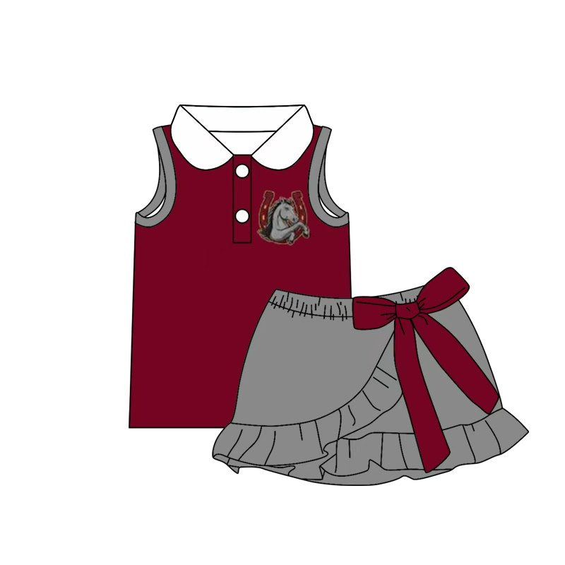 (Custom Design Preorder MOQ 5) Teams Lake Belton Broncos Top Wine Bows Skort Girls Summer Yoga Clothes Set