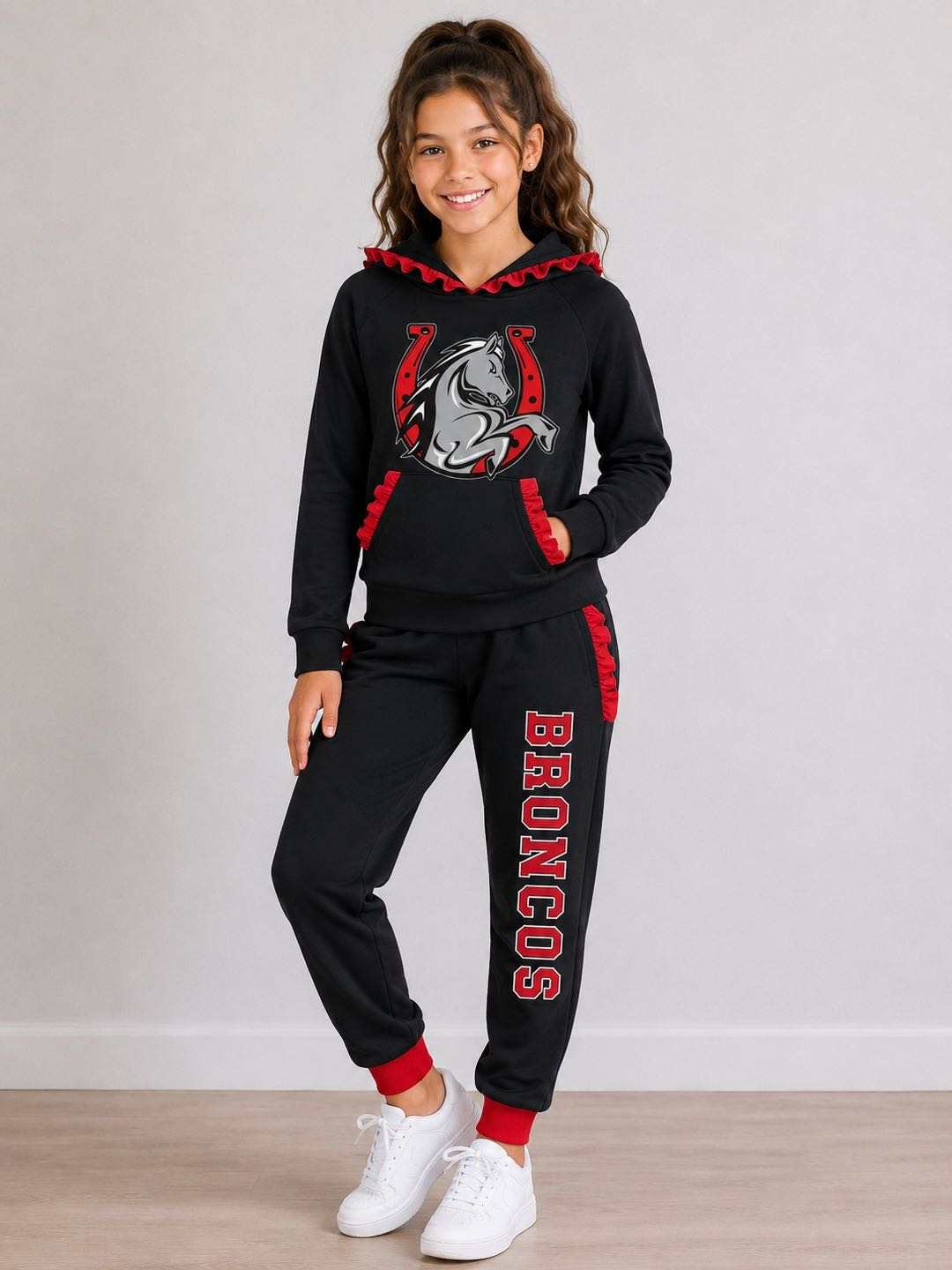 (Custom Design Preorder MOQ 5) Teams Lake Belton Broncos Black Red Ruffles Hoodie Top Pockets Joggers Pants Girls Clothes Set