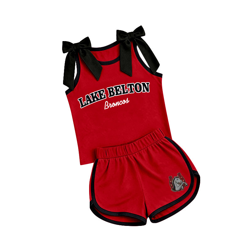 (Custom Design Preorder MOQ 5) Teams Lake Belton Broncos Black Bows Vest Top Shorts Mommy and Me Summer Yoga Clothes Set
