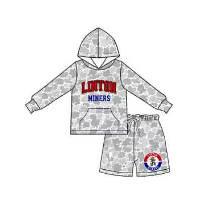 (Custom Design Preorder MOQ 5) Teams Linton Miners Grey Camo Hoodie Top Pockets Shorts Kids Clothes Set