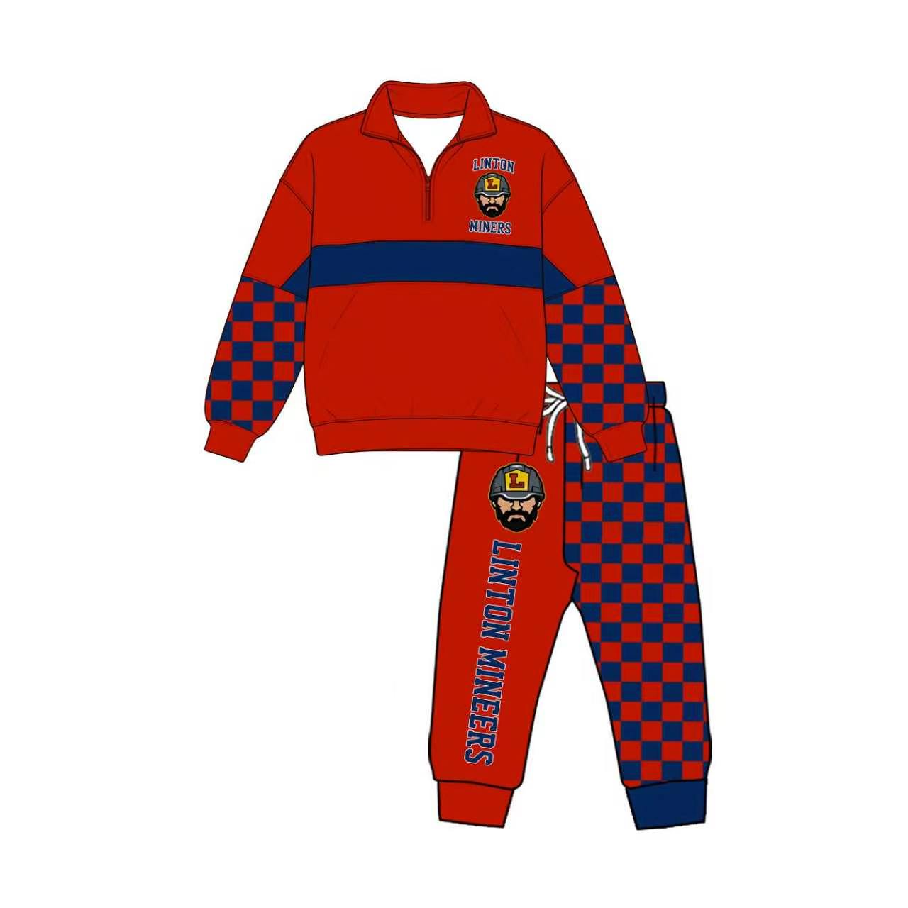 (Custom Design Preorder MOQ 5) Teams Linton Miners Red Print Kids & Adult Long Sleeve Zipper Top Pockets Joggers Pants Clothes Set