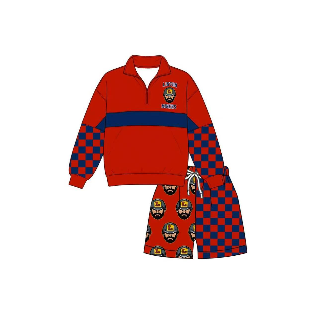 (Custom Design Preorder MOQ 5) Teams Linton Miners Red Print Kids & Adult Long Sleeve Zipper Top Pockets Shorts Clothes Set