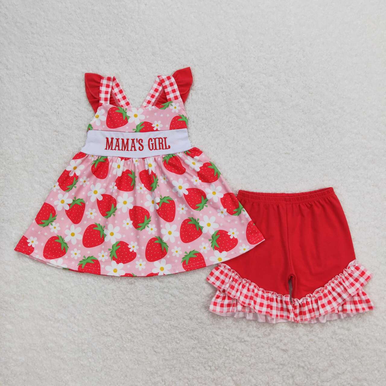 GSSO0835 MAMAS GIRL Embroidery Strawberry Tunic Top Ruffle Shorts Girls Summer Clothes Set