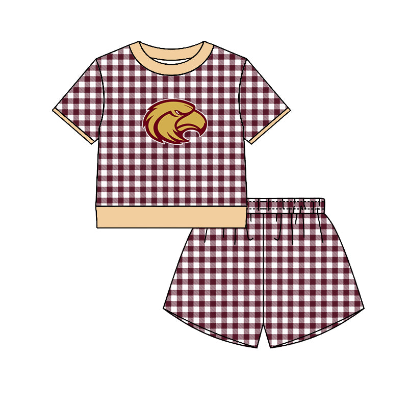 (Custom Design Preorder MOQ 5) Teams Milano Eagles Top Wine Checkerd Shorts Mommy and Me Summer Yoga Clothes Set