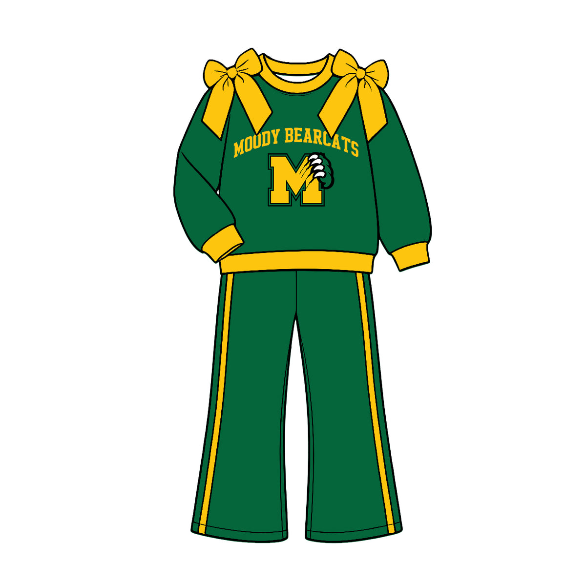 (Custom Design Preorder MOQ 5) Teams Moody Bearcats Yellow Bows Top Green Pockets Pants Girls Clothes Set