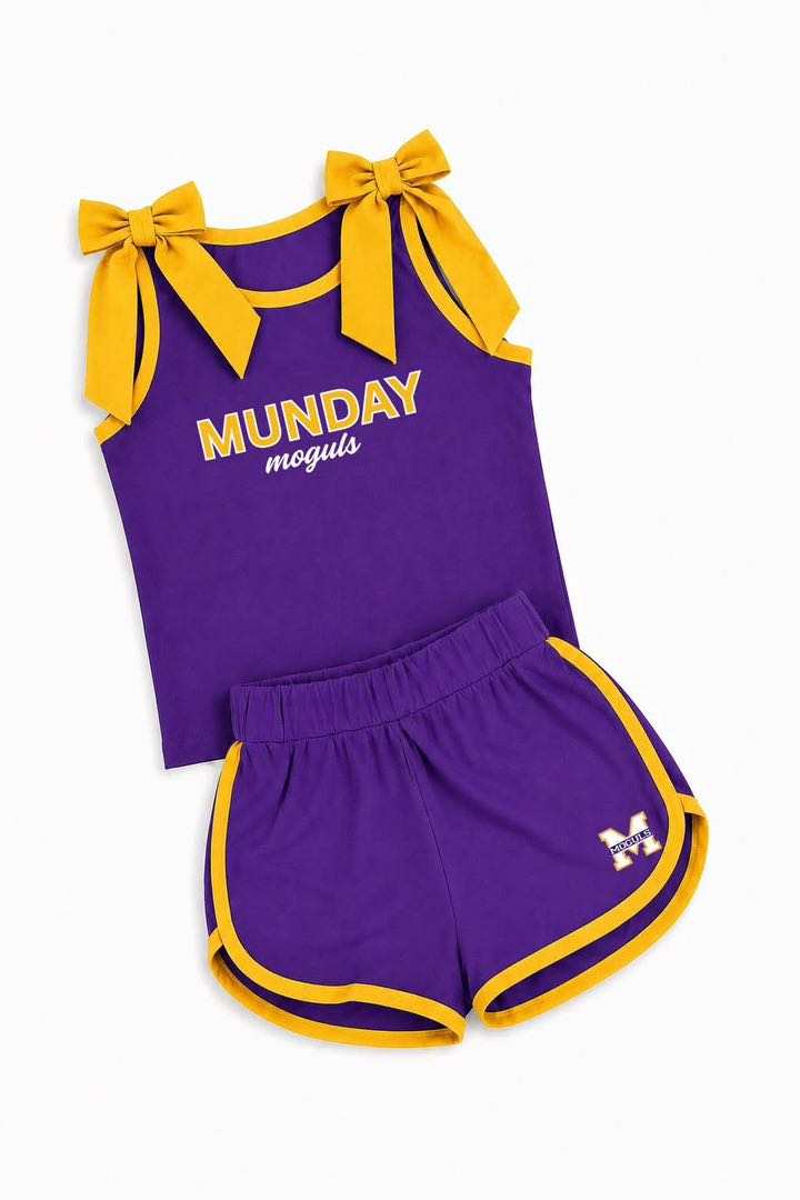 (Custom Design Preorder MOQ 5) Teams Munday Moguls Yellow Bows Vest Top Shorts Girls Summer Yoga Clothes Set