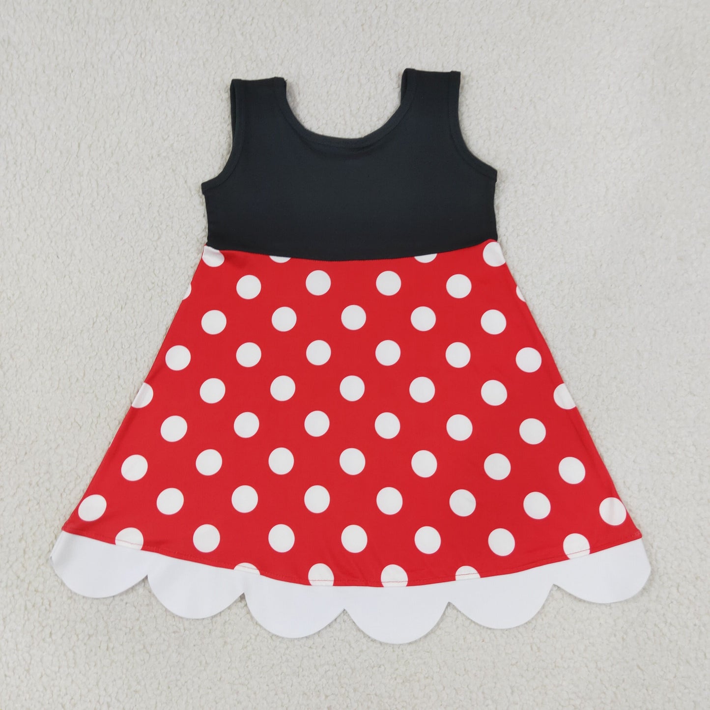 Cartoon Mouse Dots Print Girls Sleeveless Summer Knee Length Scalloped Dress