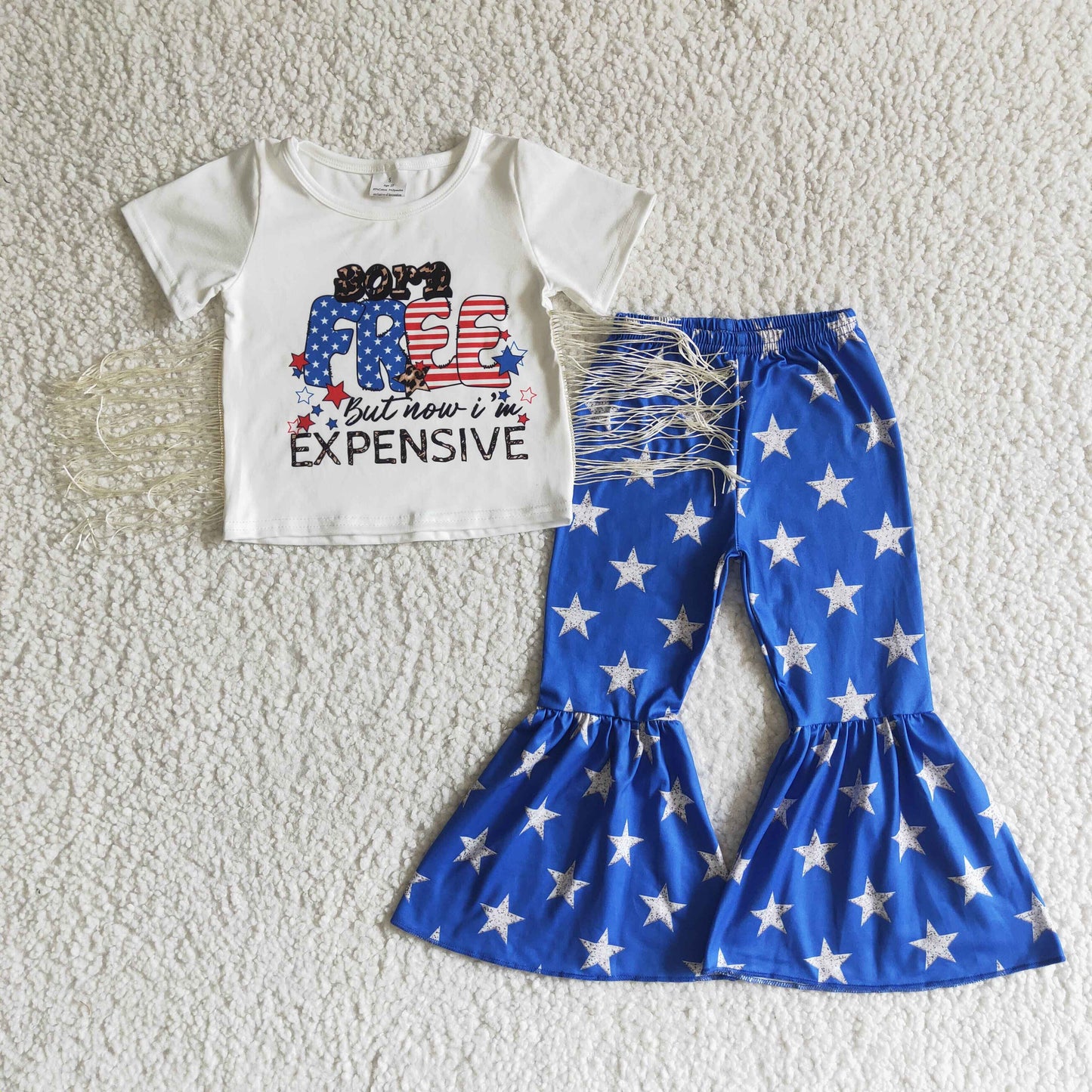 NC0002 FREE Tassel White Top Stars Bell Pants Girls 4th of July Clothes Set