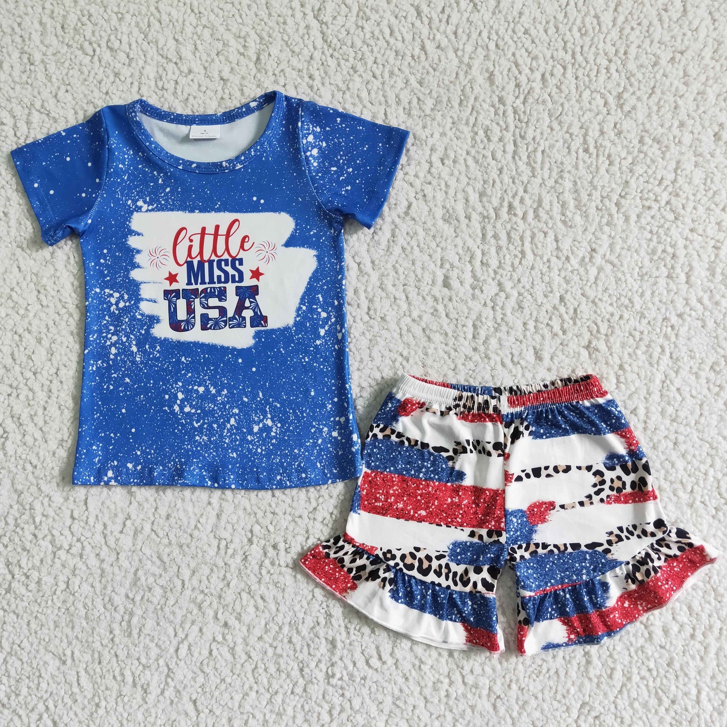 (Promotion)NC0005 Little Miss USA Blue Top Leopard Shorts Girls 4th of July Clothes Set