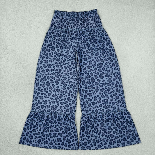 P1052 Adult Blue Leopard Print Women Bottom Active Ruffle Flare Pants