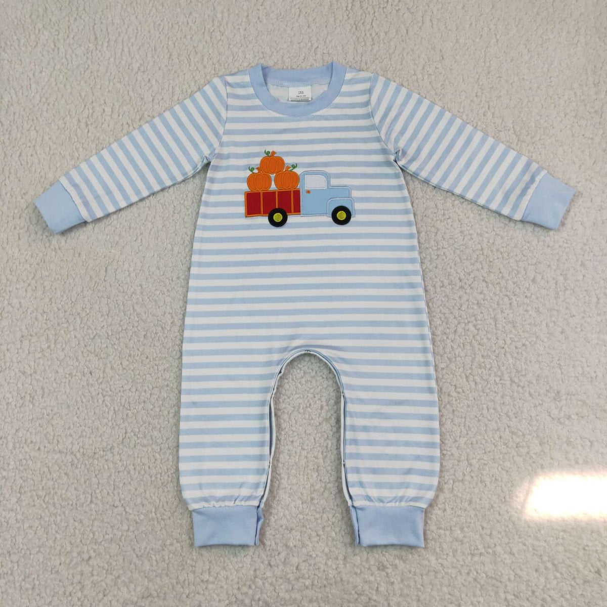 Baby Boys Embroidery Pumpkin Truck Striped Long Sleeve Romper