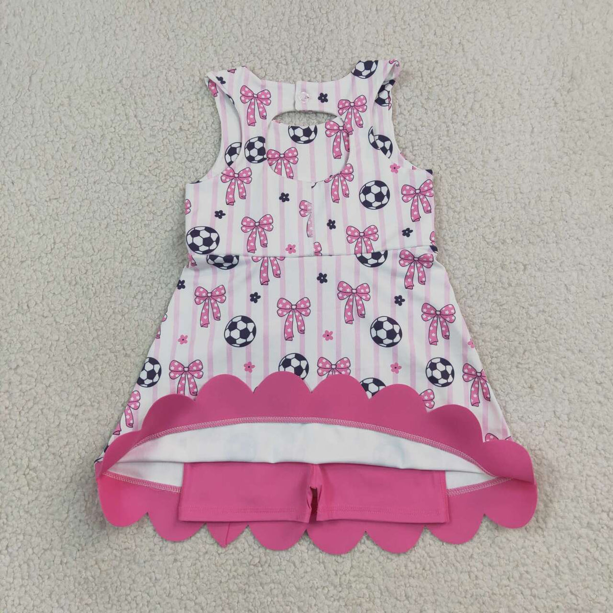 GSD4100 Soccer Pink Bows Stripes Girls Summer Scallop Knee Length Yoga Dress