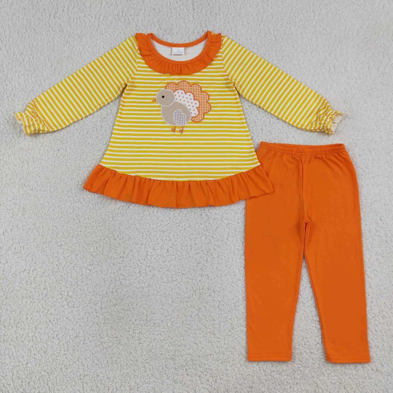 GLP3493 Turkey Embroidery Stripes Top Orange Legging Pants Girls Thanksgiving Clothes Set