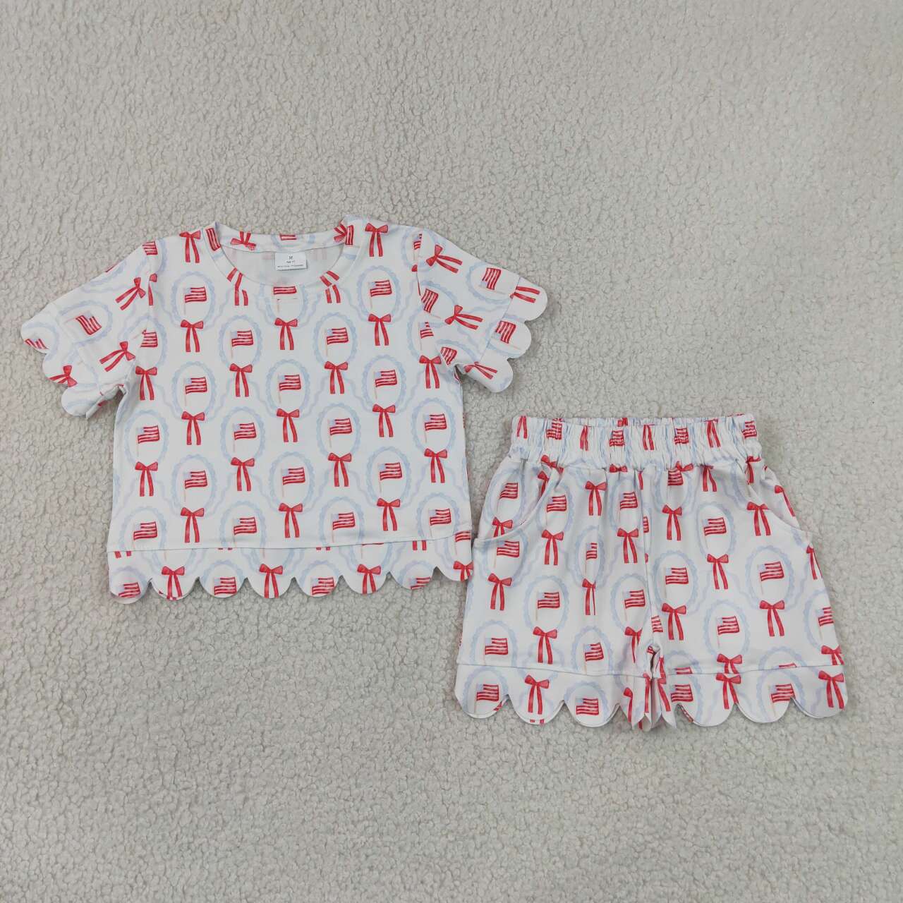 Flag Bows Baby Girls 4th of July Scallop Clothes Set