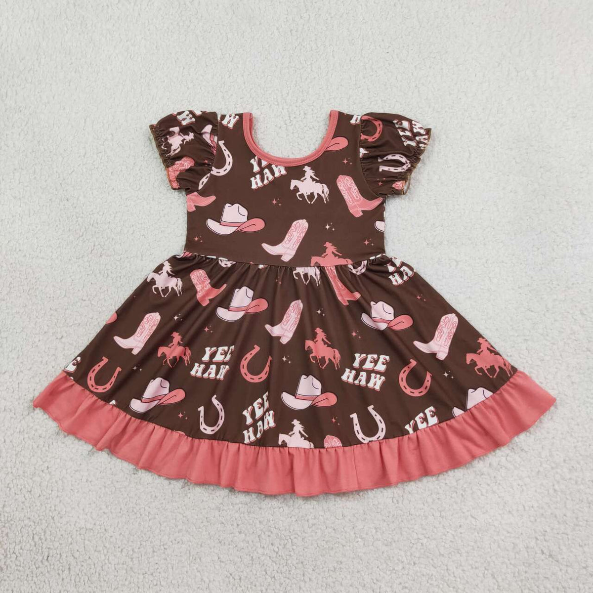 YEE HAW Cowgirl Hat Boots Print Girls Western Knee Length Dress