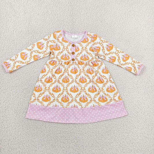 GLD1627 Pumpkin Bows Baby Girls Fall Long Sleeve Knee Length Dress
