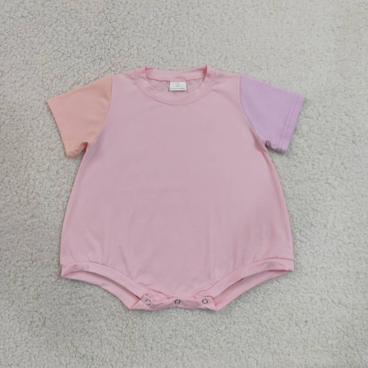 SR4156 Baby Pink Cotton Patchwork Romper - Short Sleeve Bubble Onesie