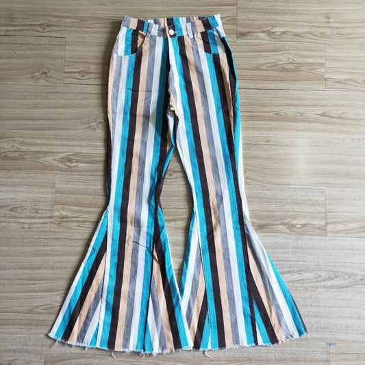 Adult blue stripes denim bell bottom jeans P0009