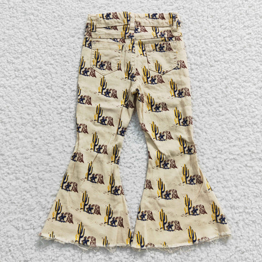 P0074 Cowgirl Cactus Denim Bell Bottom Jeans Girls Western Pants