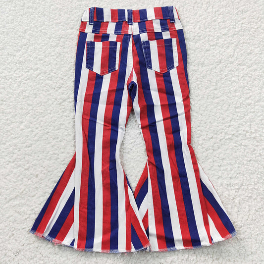 P0105 Patriotic Red & Blue Striped Denim Pants - Girls