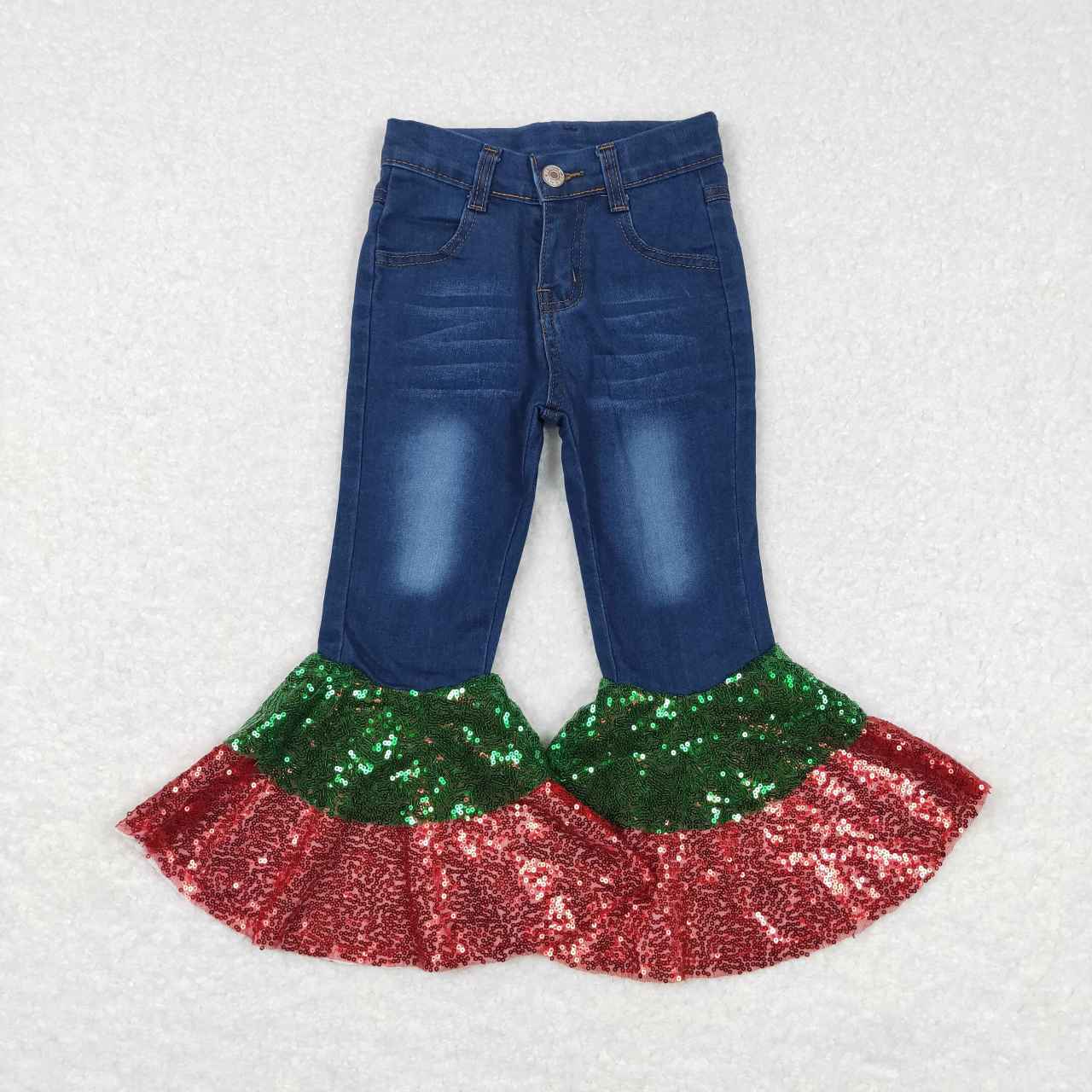 P0113 Blue Bleached Denim Sequin Bell Bottom Jeans Girls Christmas Pants