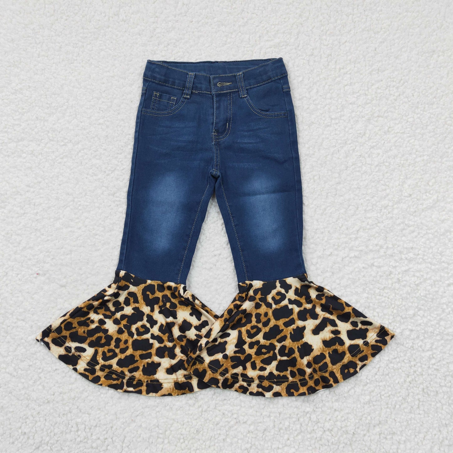 P0116 Blue Bleached Denim Leopard Bell Bottom Jeans Girls Pants