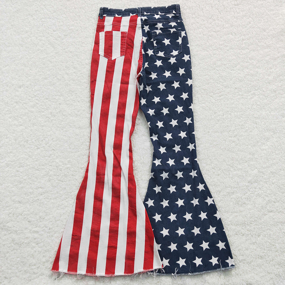 P0119 Women's Patriotic Star & Stripe Denim Pants – Red, White & Blue