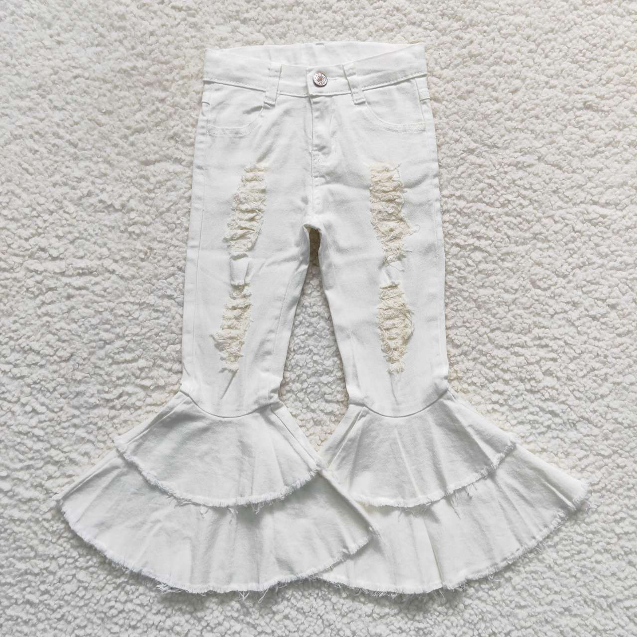 P0129 White Hole Denim Bell Bottom Jeans Girls Pants