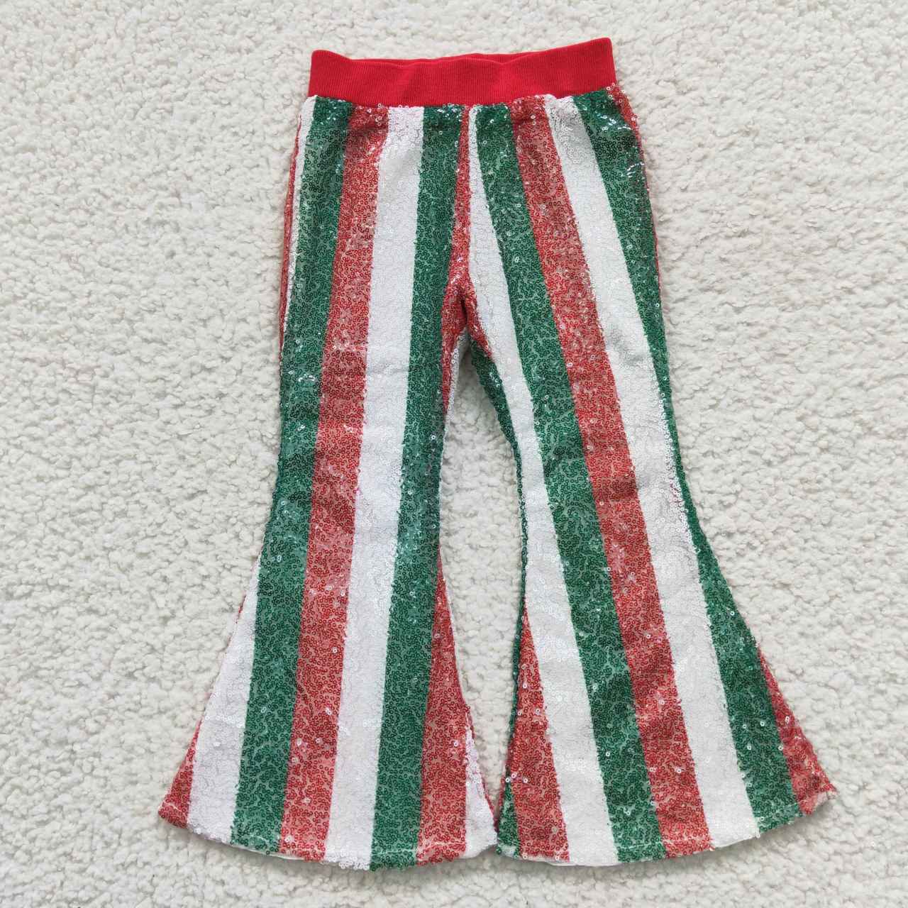 P0199 Red Green Stripes Baby Girls Sequins Christmas Pants