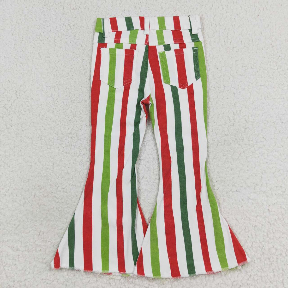 P0484 Red Green Stripes Denim Bell Bottoms Jeans Girls Christmas Pants